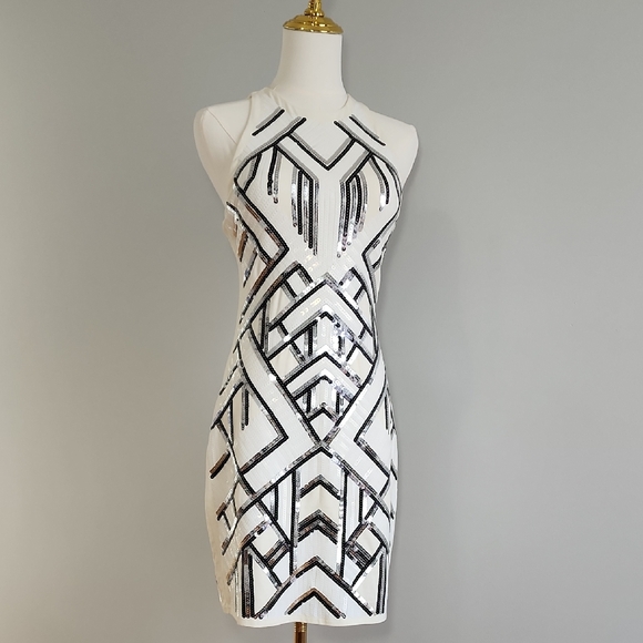 Express Black and White Sequin Mini Party Dress - Picture 1 of 7